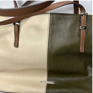 Nine‎ West Tote Bag Beige Olive Green Colorblock Purse Shoulder Bag Handbag